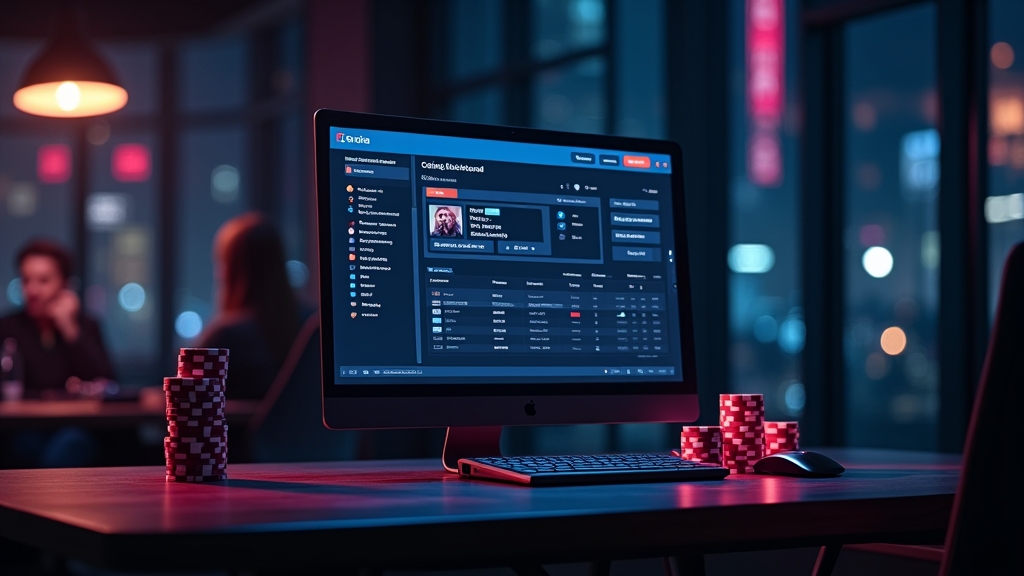 Accountdashboard in een donkere casinoruimte met beveiligingsiconen