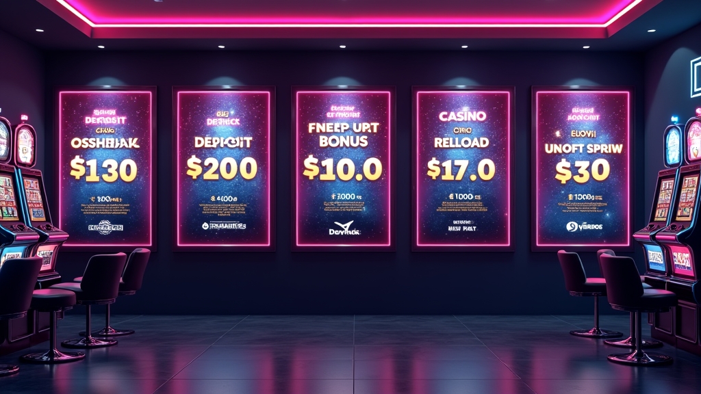 Promotiewand met no-deposit bonus, free spins en cashback in een casino-omgeving