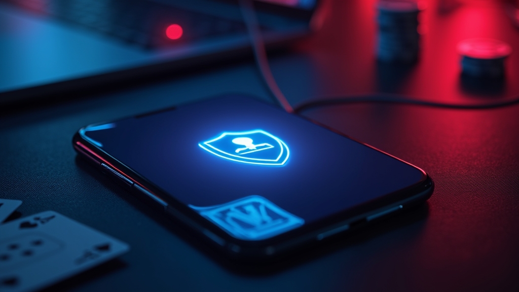Telefoon en laptop met veilige app-download in een donker casino-thema