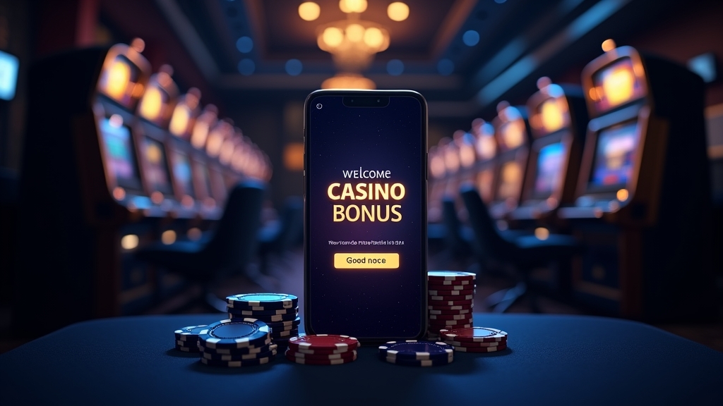 Nieuwe speler bekijkt een bonusaanbod op een telefoon in een donkere casino-omgeving