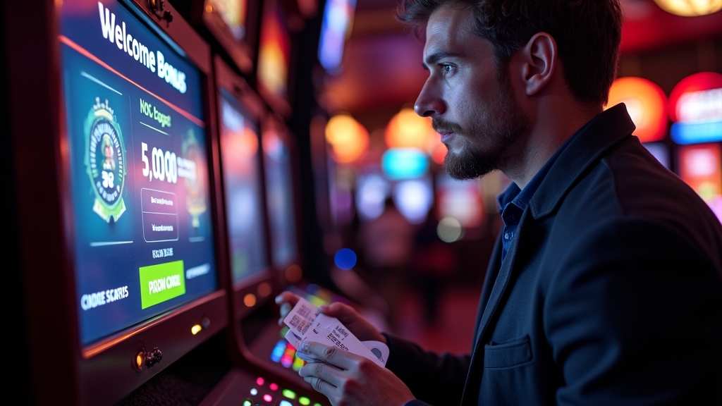 Speler bekijkt bonusopties en een codeveld in een donker casino