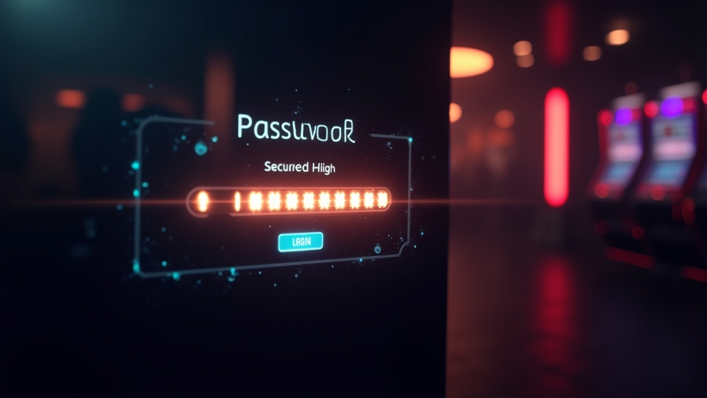 Casinolobby met beveiligd inlogscherm en neonlicht op de achtergrond