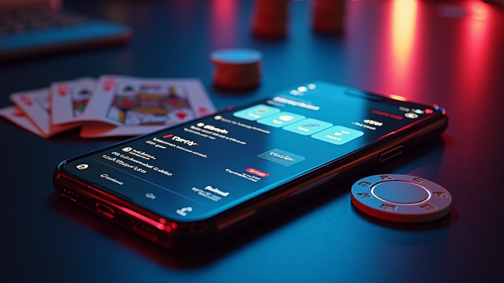 Smartphone met account- en betaalfuncties in een luxueuze casinoomgeving