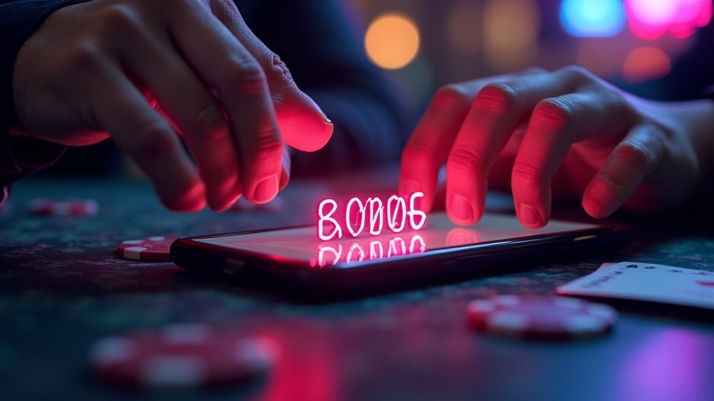 Speler voert een promotiecode in op een telefoon in een sfeervolle casino-omgeving