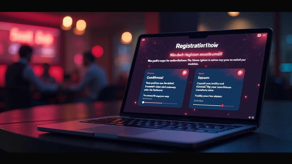 Registratiecontrole met foutmeldingen, e-mail en spammap in een casino-achtige sfeer.