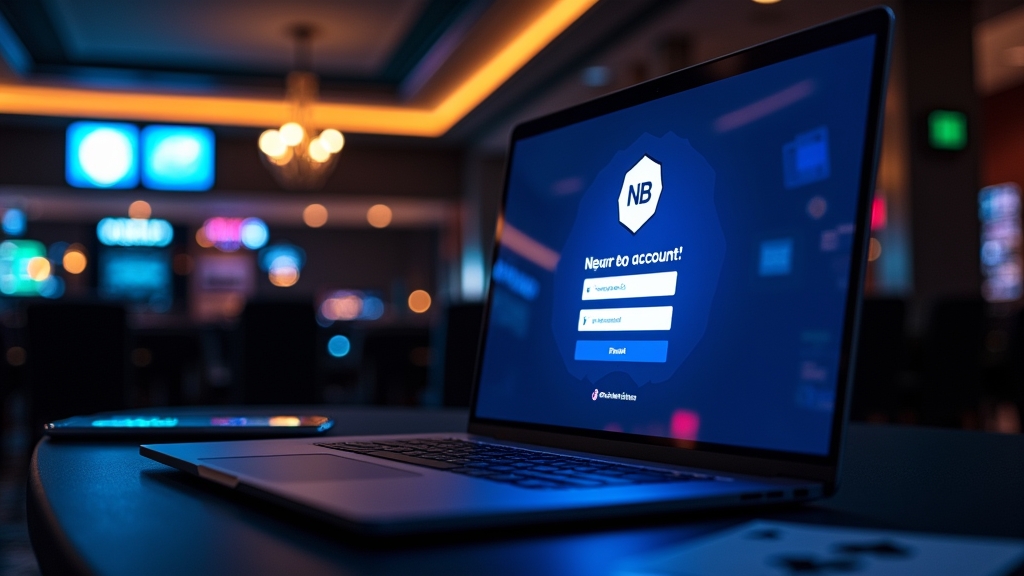 Donkere casinoruimte met scherm voor accountregistratie op laptop en telefoon