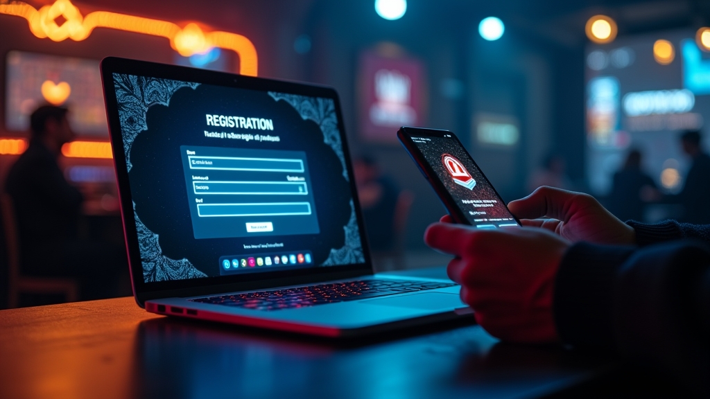 Donkere casino-omgeving met laptop en telefoon voor Fgfox registratie.