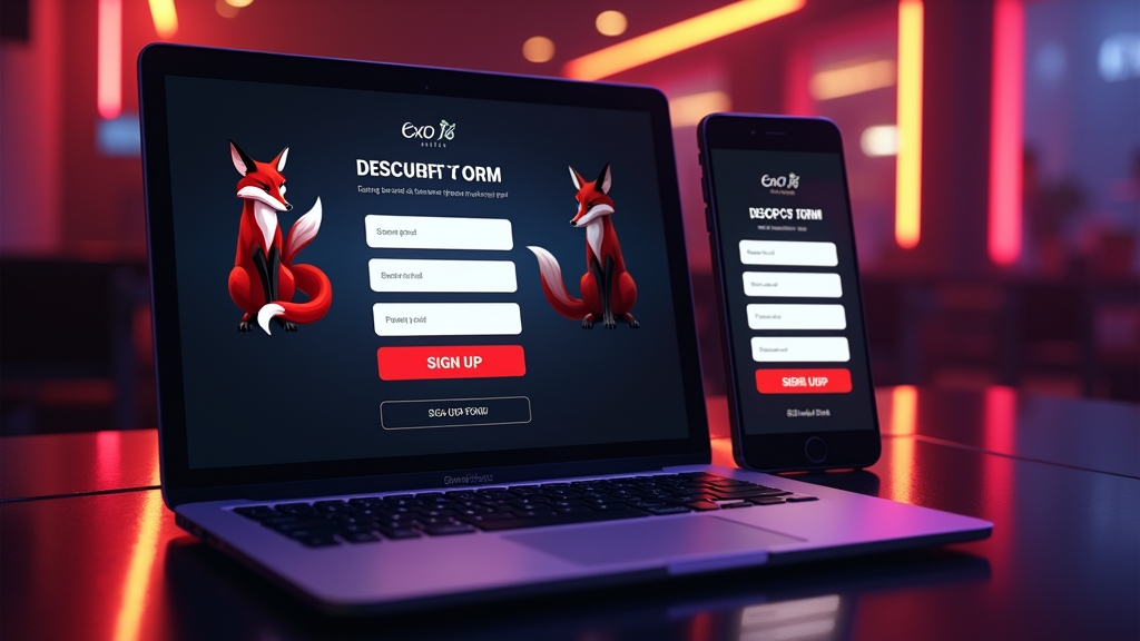 Desktop en mobiele registratie naast elkaar in een donkere casino-omgeving.